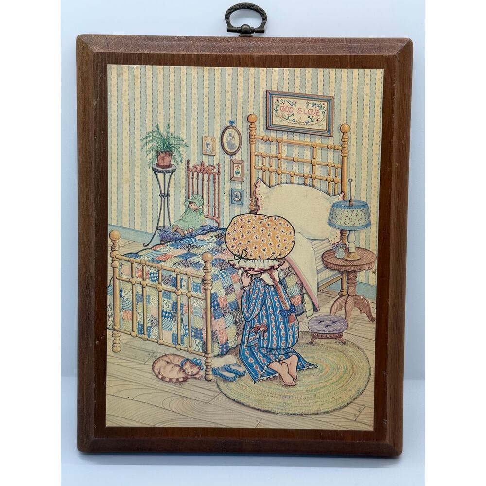 VTG Girl Praying kneeling at Bed “God Is Love” Wooden Frame Wall Hang Art Print